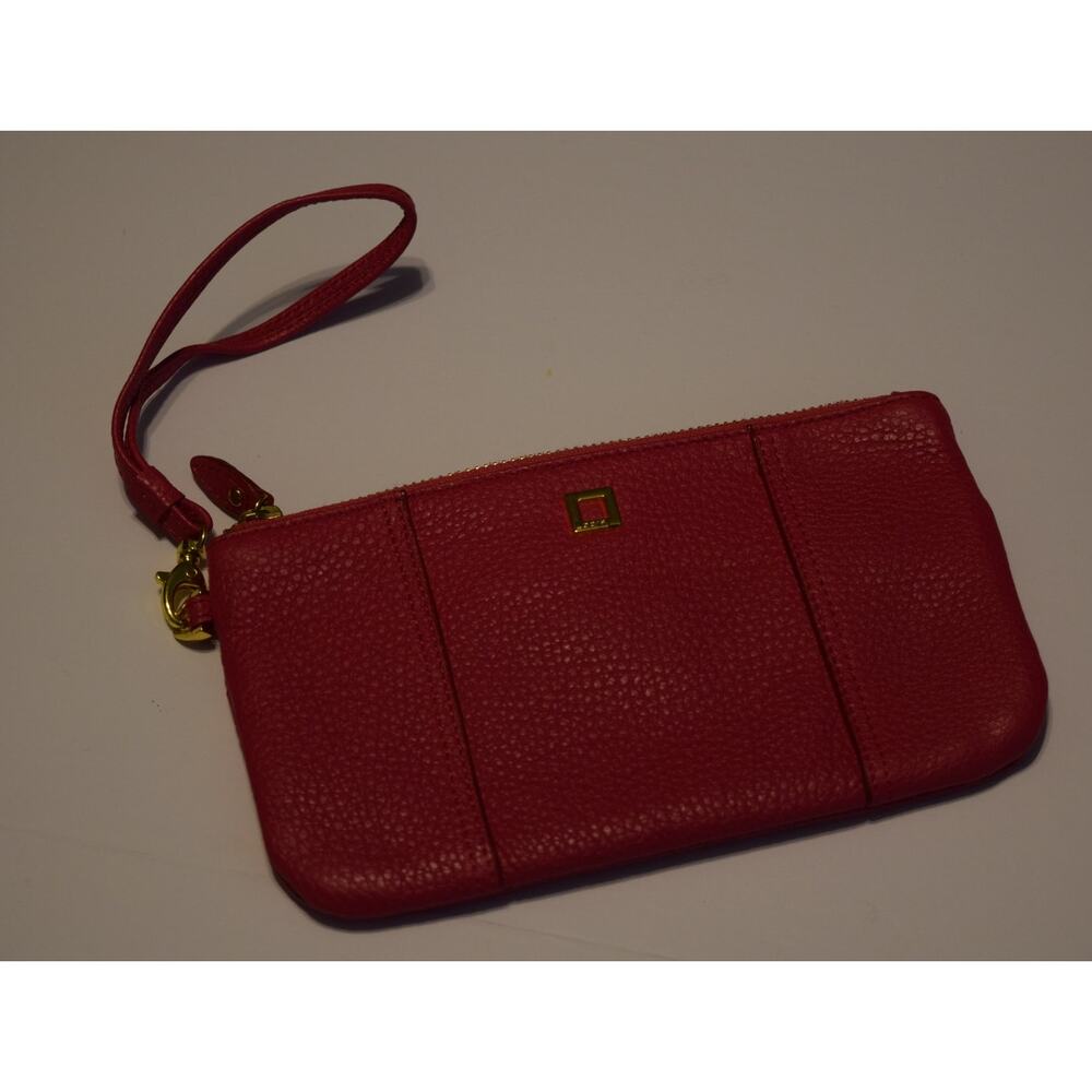 LODIS Wristlet Wallet Hot Pink Pebbled Leather 2 Pockets Zipper Removable Strap - Picture 2 of 5